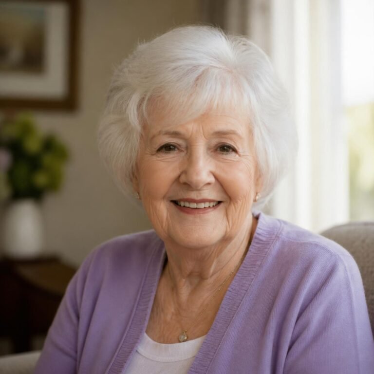 Woman in her 70s with a short feathered cut in fine white hair