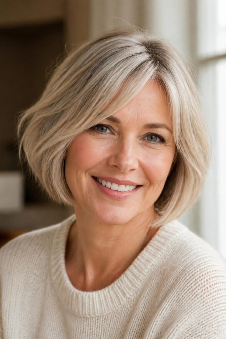 Woman over 50 with a chin-length blonde bob and soft side part