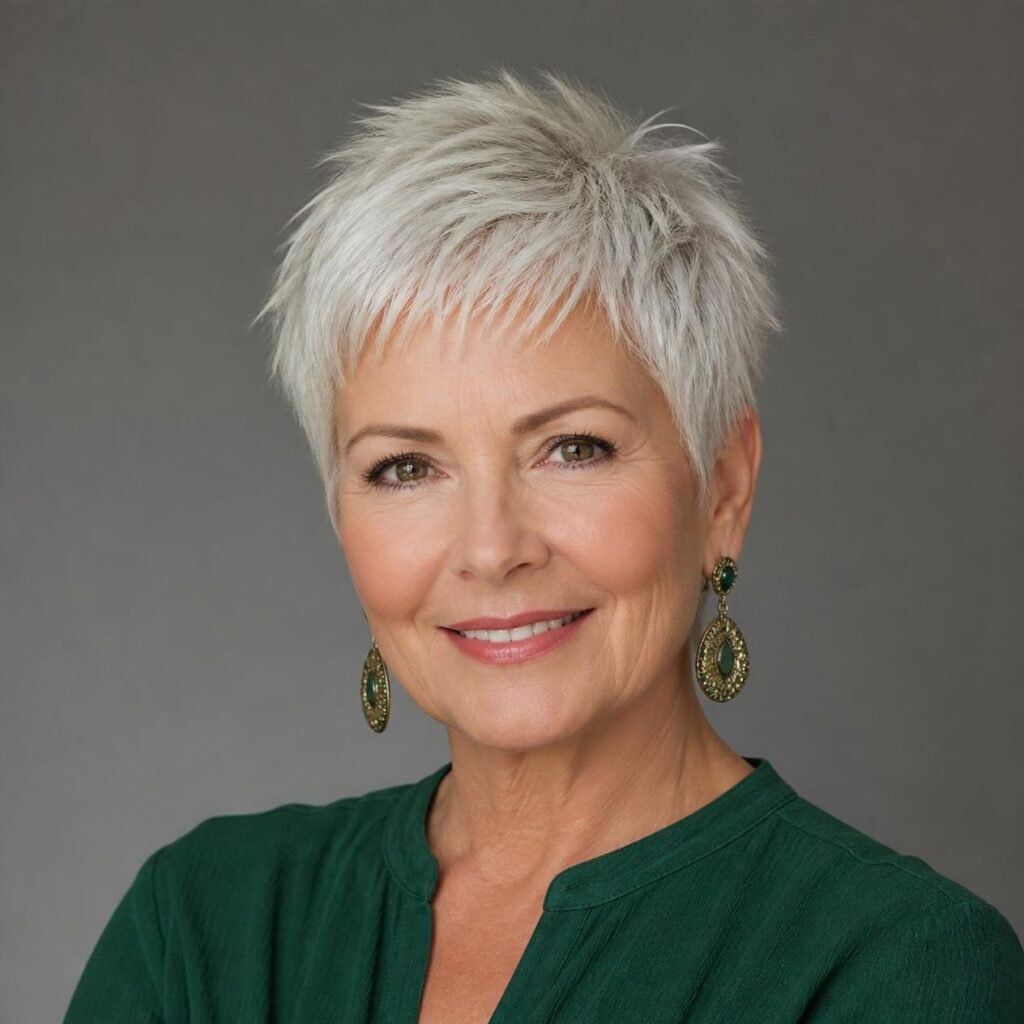 Woman in her 60s with a short textured silver-white pixie cut