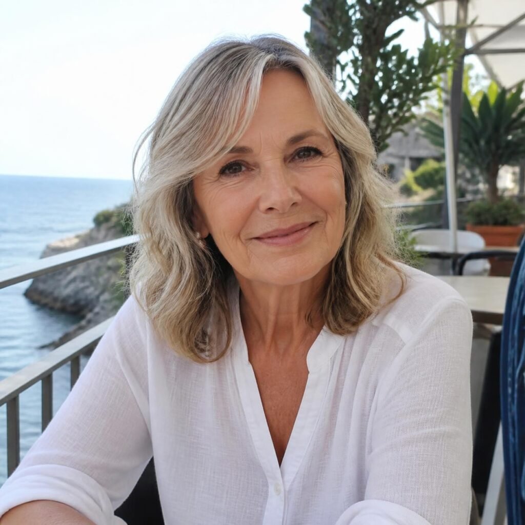 Woman in her 60s with shoulder-length wavy grey-blonde hair and face-framing layers