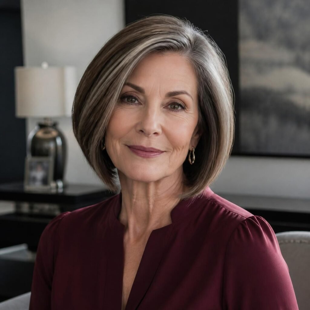 Woman in her 60s with a sleek angled bob in brown with silver highlights