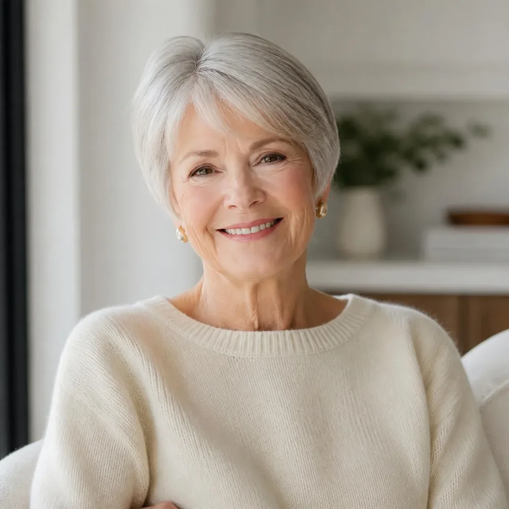 Woman in her 70s with a soft short silver pixie haircut