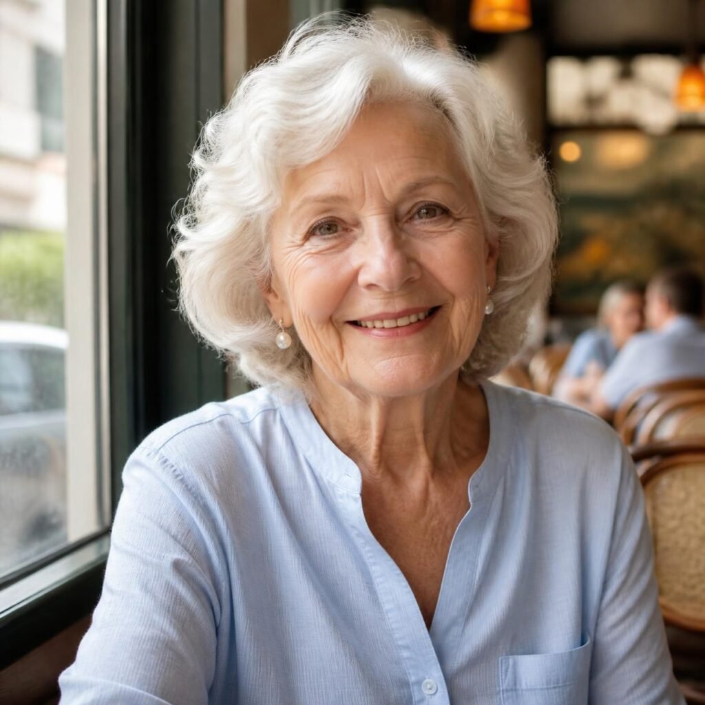 Woman in her 70s with a gentle wavy white bob