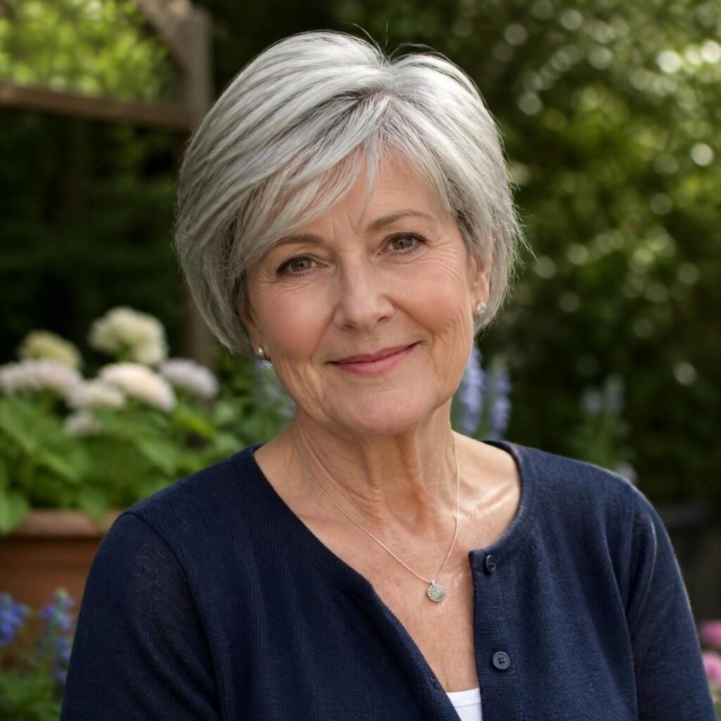 Woman in her 70s with a short layered grey haircut and side-swept fringe