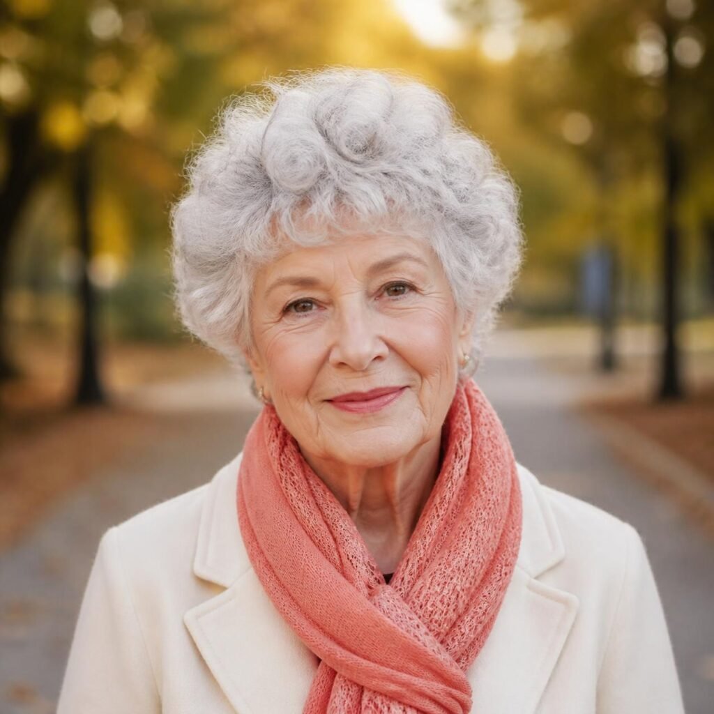 Woman in her late 70s with a soft short curly silver haircut