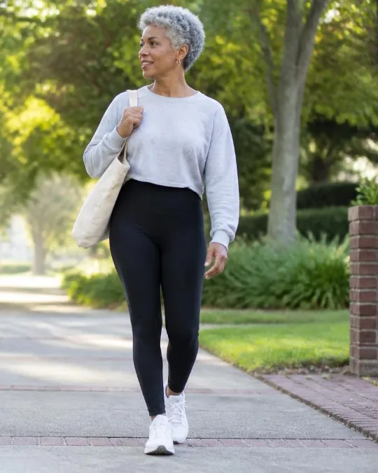 Leggings, loose sweatshirt and cushioned trainers – Casual Outfits for Women Over 50