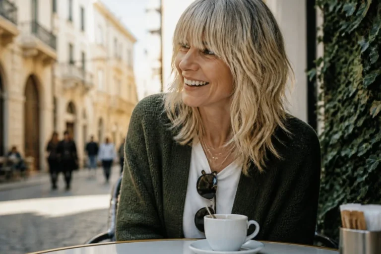 Woman over 60 with a silver blonde shag and curtain bangs laughing at a cafe table
