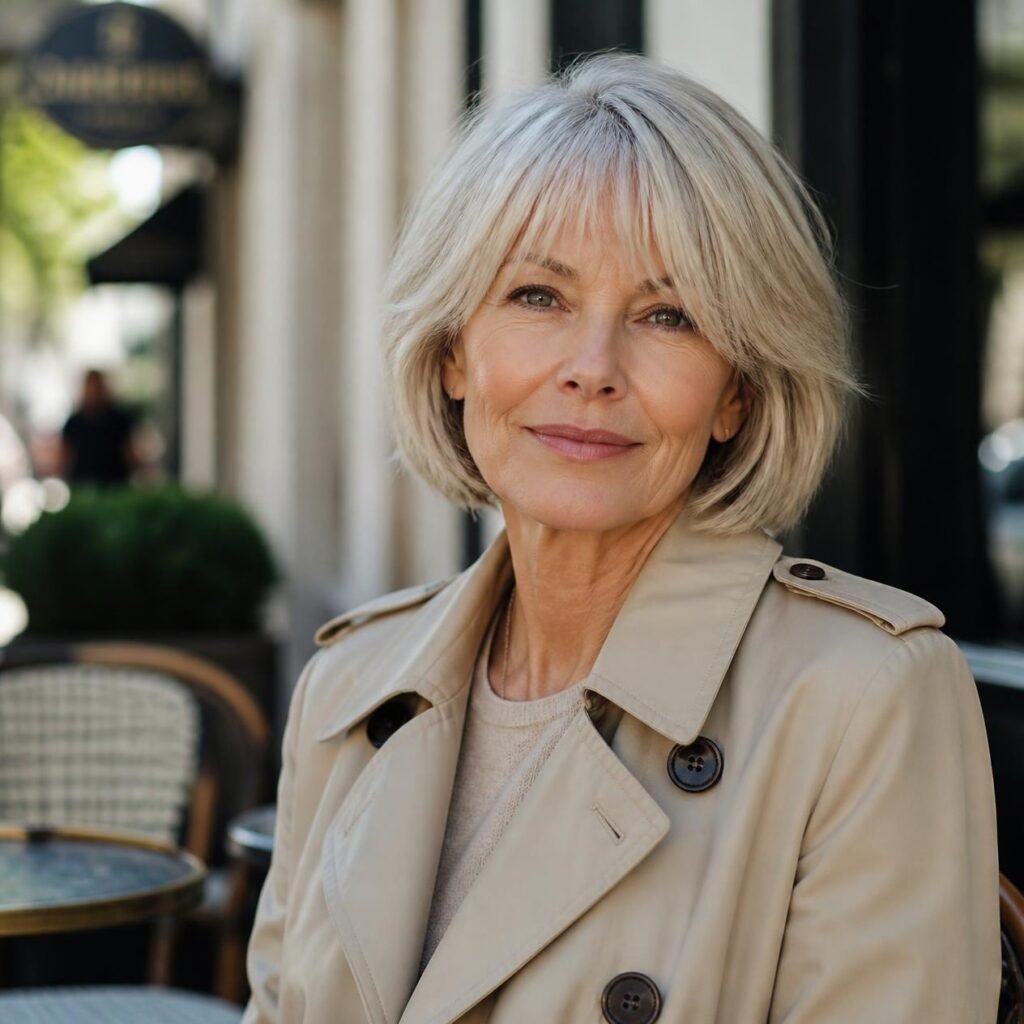 Woman in her 60s with a soft curtain-fringe bob in champagne silver