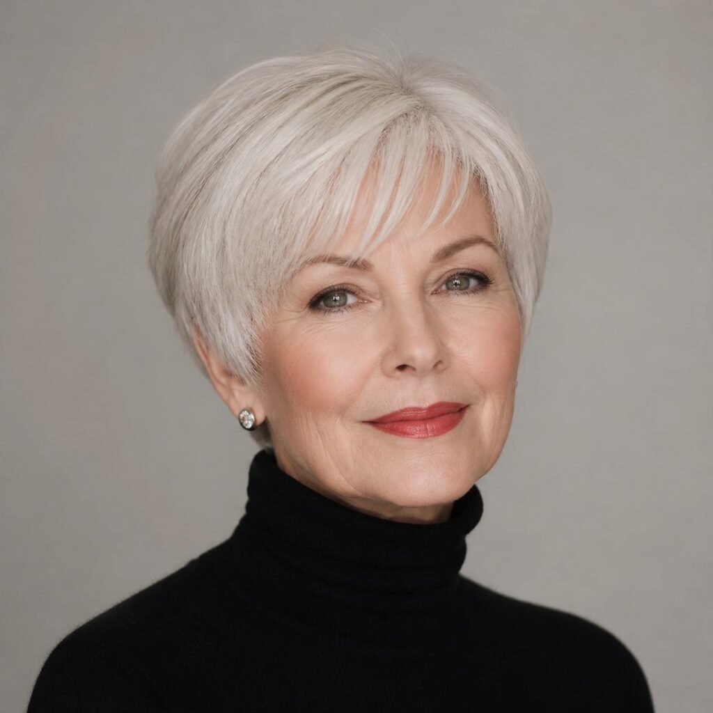 Woman in her 60s with a short pearl-white bixie cut
