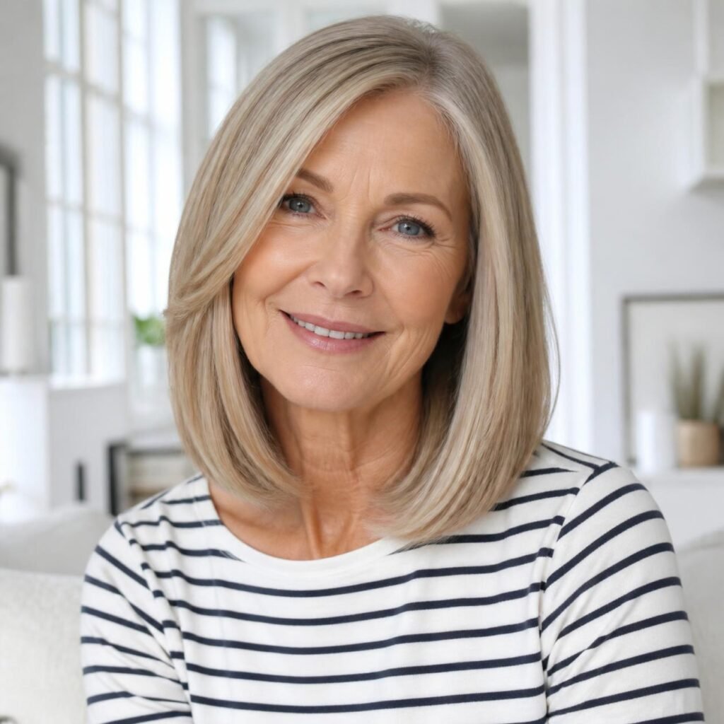 Woman in her 60s with a glossy long bob in soft ash blonde