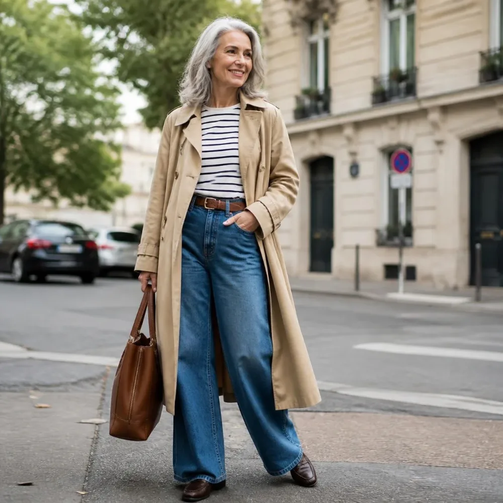 Woman over 50 in a striped top, wide-leg jeans and trench coat on a city street