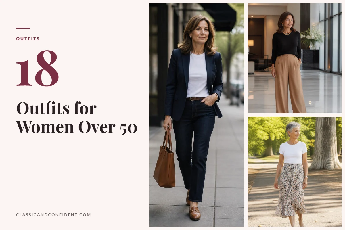 Three outfits for women over 50: navy blazer and jeans, camel wide-leg trousers, floral midi skirt