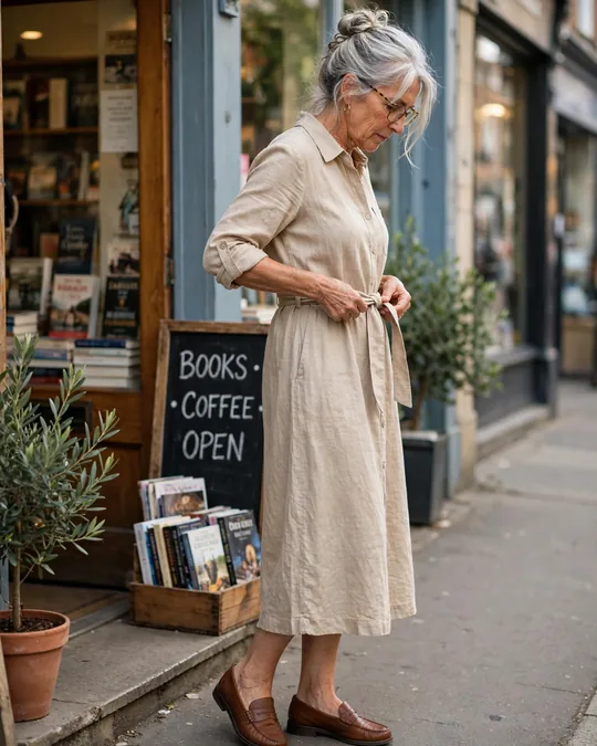 Shirt dress with a belt and loafers – Outfits for Women Over 60
