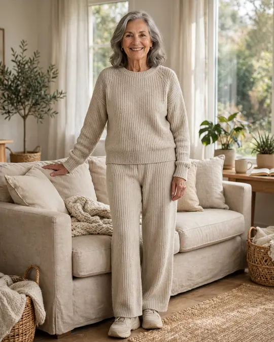 Knit sweater and wide-leg knit trousers set – Outfits for Women Over 60