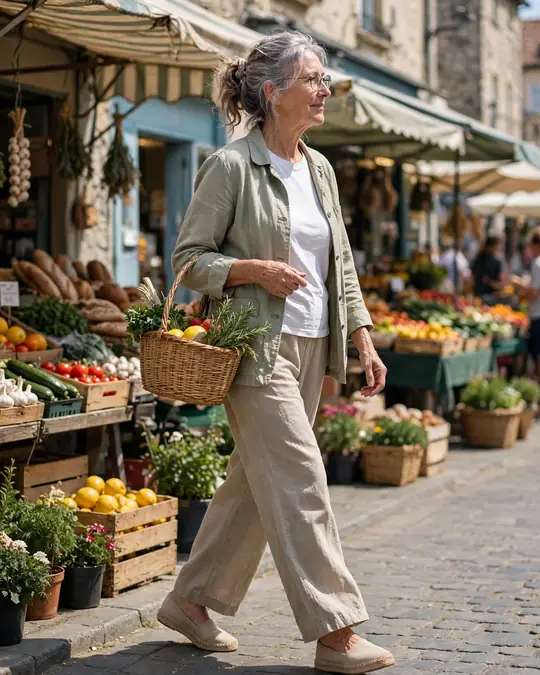 Linen trousers, tee and a light chore jacket – Outfits for Women Over 60