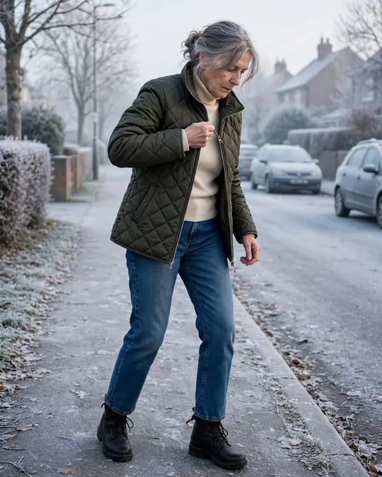 Quilted jacket, turtleneck and straight jeans – Outfits for Women Over 60