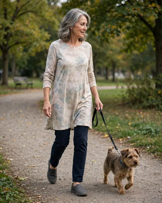 Long tunic, slim trousers and slip-on trainers – Outfits for Women Over 60