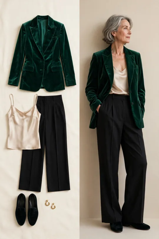 Velvet blazer with black wide-leg trousers – Outfits for Women Over 60
