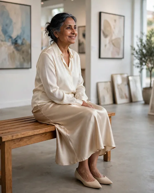 Silk blouse with a satin midi skirt – Outfits for Women Over 60
