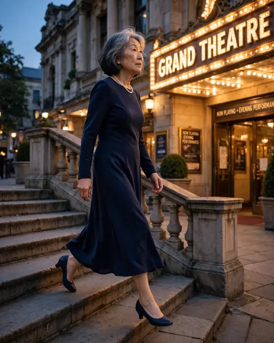 Navy column dress with a pearl necklace – Outfits for Women Over 60