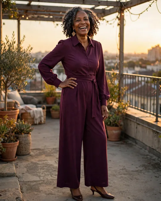 Wide-leg jumpsuit with a statement earring – Outfits for Women Over 60