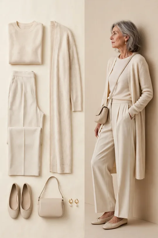 Wide-leg trousers, fine knit and long cardigan – Outfits for Women Over 60