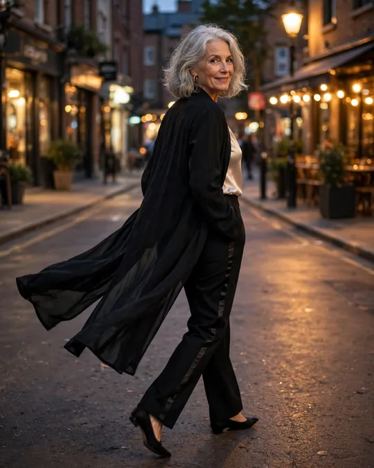 Tuxedo trousers, silky shell and long duster – Outfits for Women Over 60