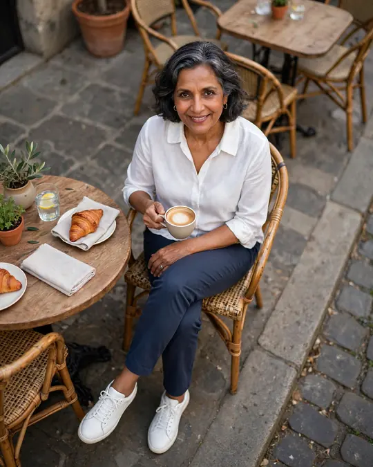 White shirt, navy chinos and white trainers – Outfits for Women Over 60