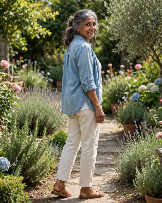 Denim shirt over a white tee with cream trousers – Outfits for Women Over 60