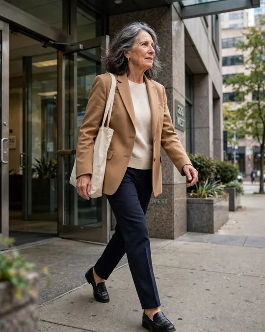Camel blazer, cream knit and dark trousers – Outfits for Women Over 60