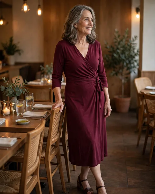 Midi wrap dress with low block heels – Outfits for Women Over 60
