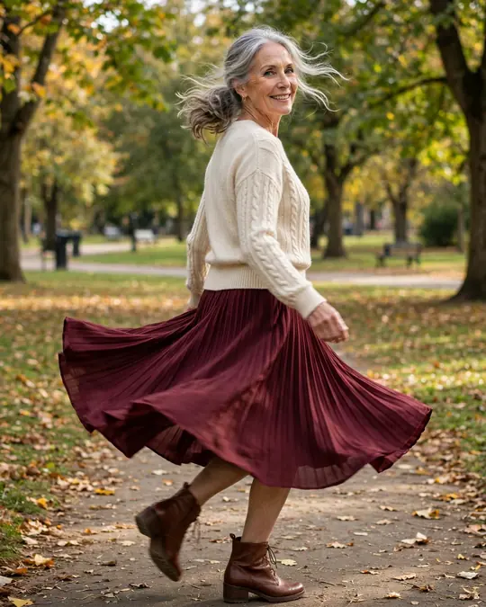 Pleated midi skirt, fine sweater and ankle boots – Outfits for Women Over 60