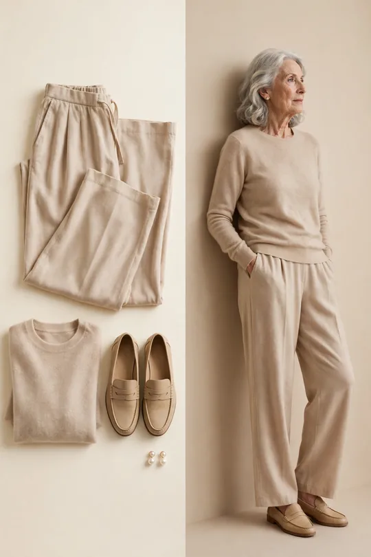 Soft wide-leg trousers, cashmere crew and loafers – Outfits for Women Over 70