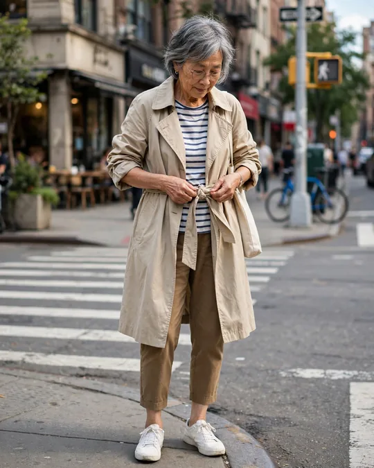 Lightweight trench, striped tee and cropped trousers – Outfits for Women Over 70