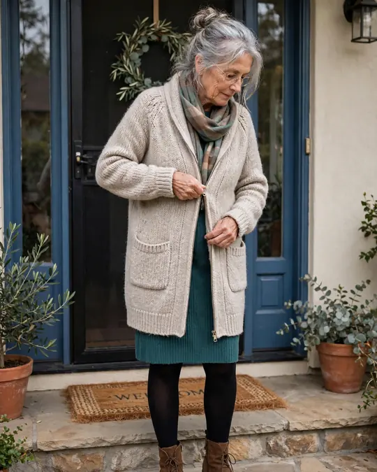 Zip-front cardigan coat over a knit dress – Outfits for Women Over 70