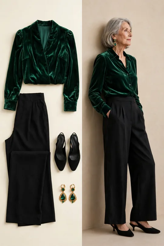 Velvet top with black palazzo trousers – Outfits for Women Over 70