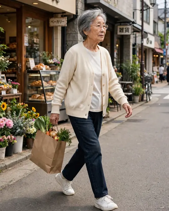 Straight jeans, cream cardigan and white trainers – Outfits for Women Over 70