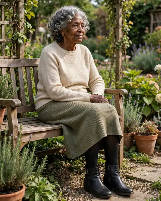 Knit pull-on skirt, fine sweater and ankle boots – Outfits for Women Over 70