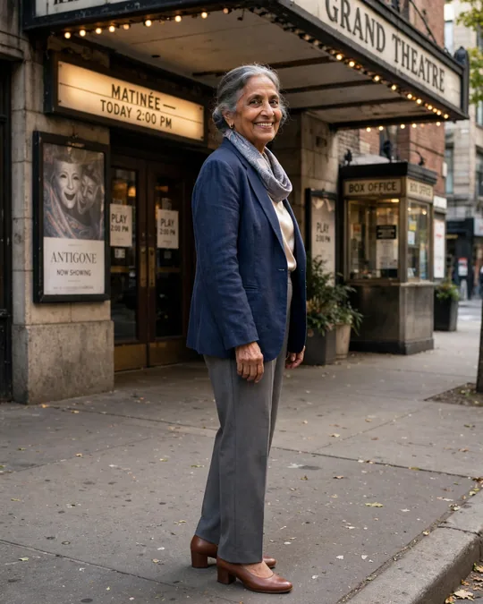 Navy blazer, silk scarf and grey trousers – Outfits for Women Over 70
