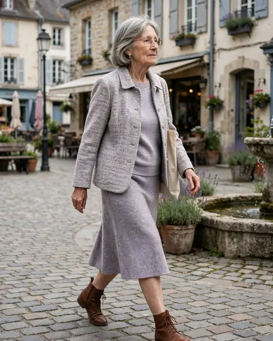 Tweed jacket, fine knit and wool skirt – Outfits for Women Over 70