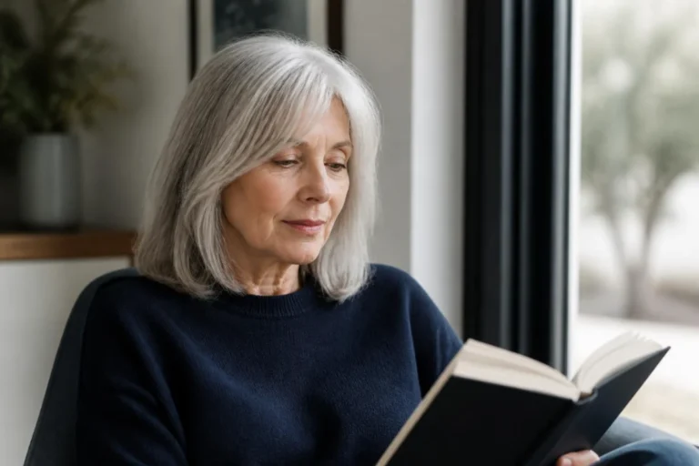 Woman over 60 with fine silver hair in a lob with curtain bangs reading by a window