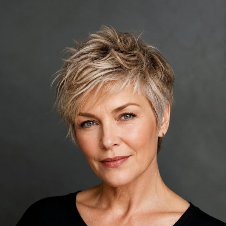 Woman in her 50s with a short wispy pixie cut in light ash blonde