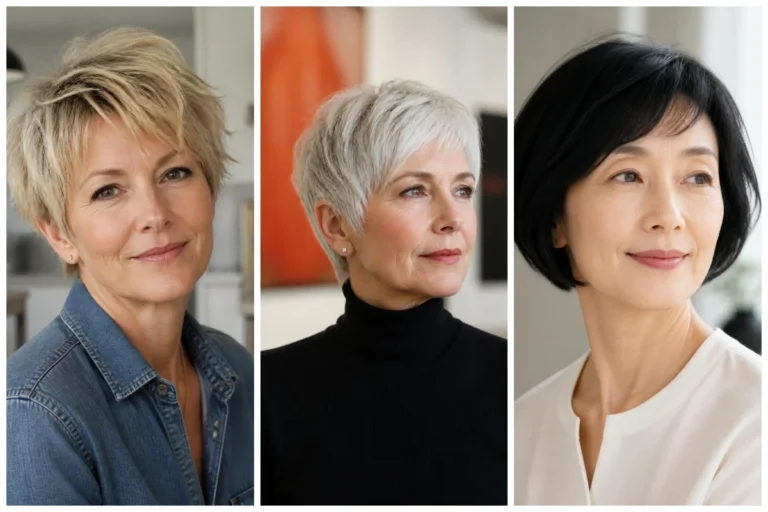 Three short haircuts for fine hair over 50: a tousled blonde pixie, a silver bixie and a black graduated bob