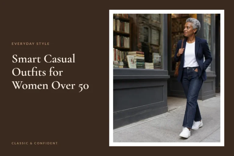 Woman in a navy blazer, white tee and jeans – Smart Casual Outfits for Women Over 50