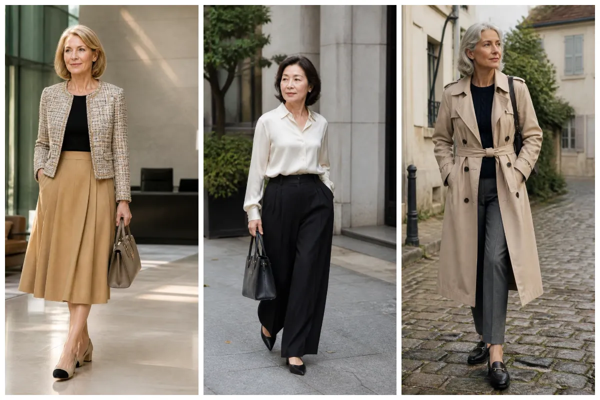 Three smart casual outfits for women over 50: tweed jacket with midi skirt, silk blouse with wide-leg trousers, trench coat