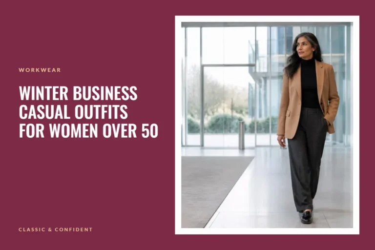 Woman in a camel blazer and wool trousers in an office lobby – Winter Business Casual Outfits for Women Over 50