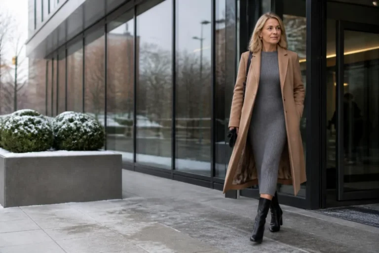 Woman over 50 in a camel overcoat, gray knit dress and heeled boots leaving an office on a winter morning