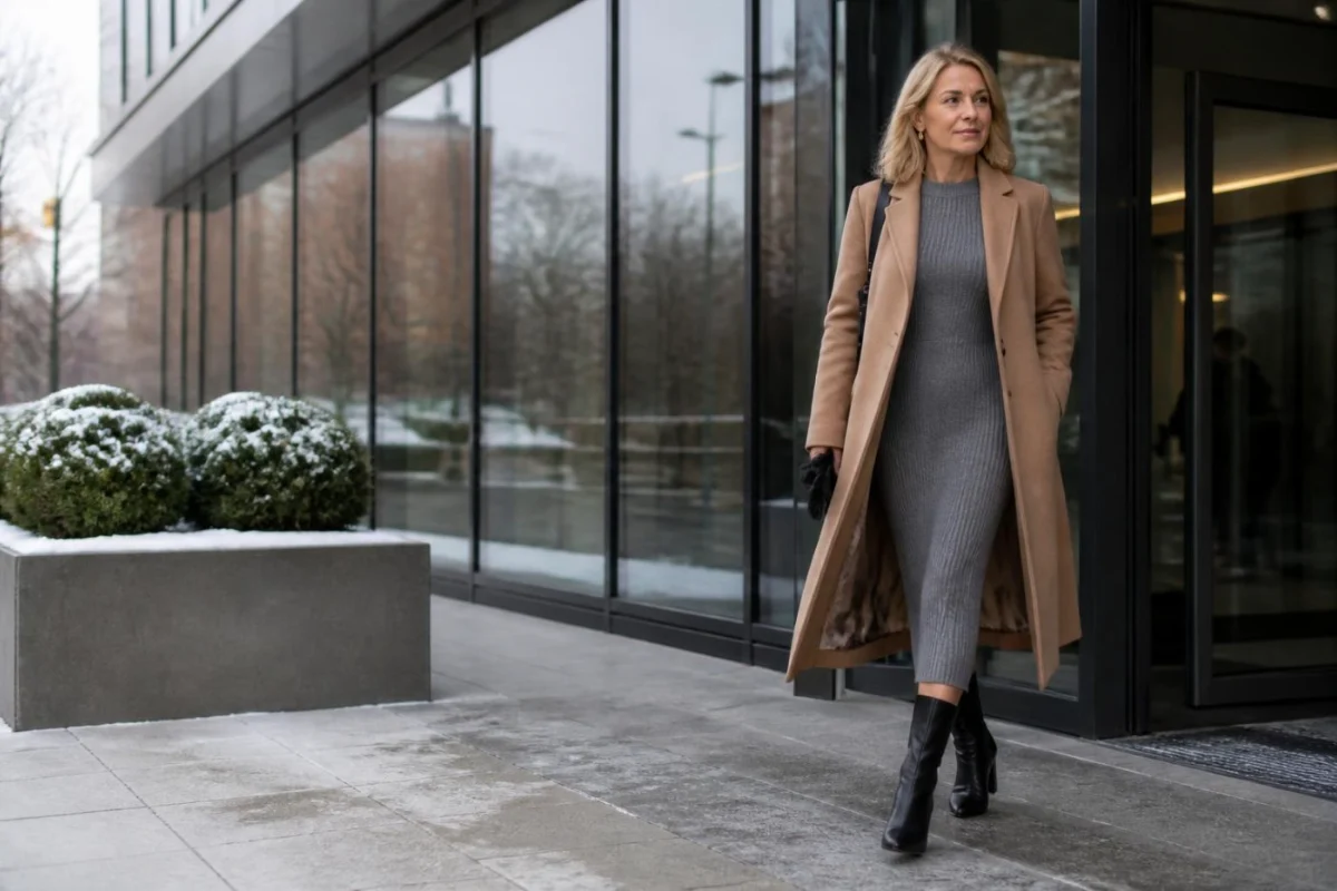 Woman over 50 in a camel overcoat, gray knit dress and heeled boots leaving an office on a winter morning