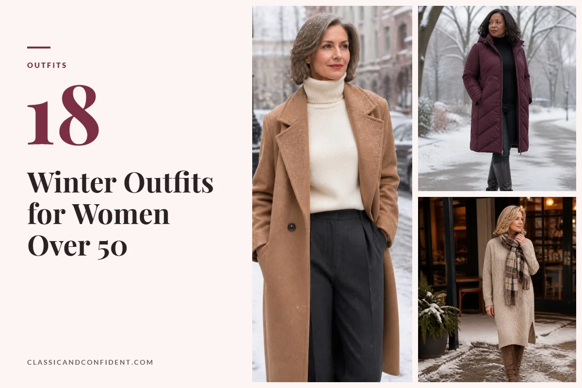 Three winter outfits for women over 50: camel coat with turtleneck, burgundy puffer with boots, sweater dress with plaid scarf