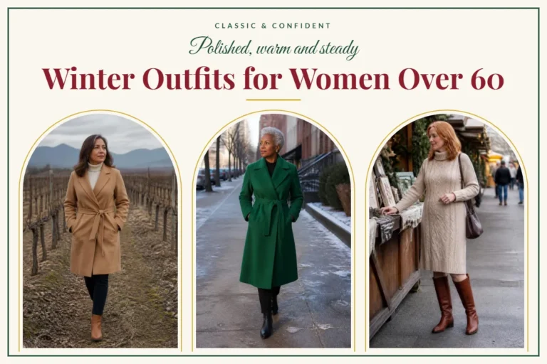 Three women over 60 in a camel wrap coat, an emerald belted coat and a cable-knit dress with tall boots – Winter Outfits for Women Over 60